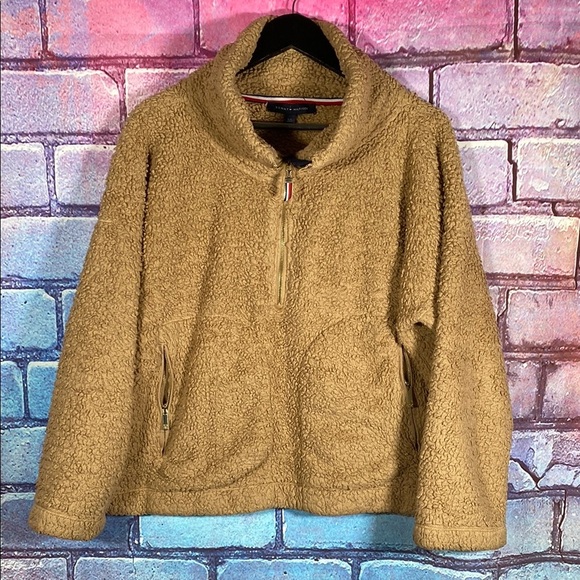 Tommy Hilfiger Tan Sherpa Fleece Pullover 1/4 Zip Large Cozy Winter Sweater - Picture 1 of 10